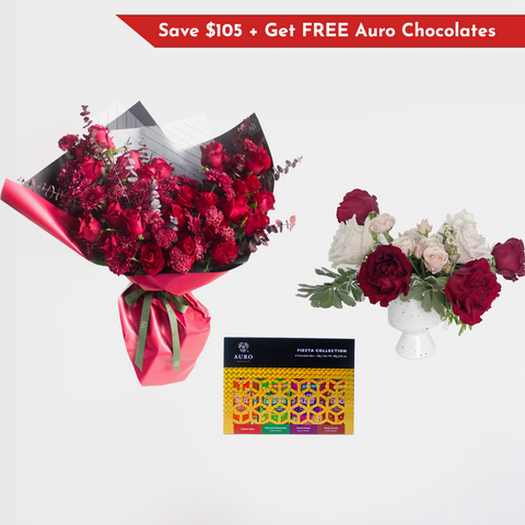 Luxe Classic Love Red Rose Bouquet + Roma Bouquet Vase + Auro Chocolate