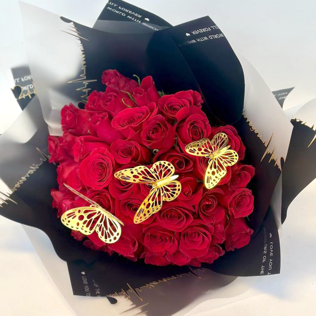 50 Premium Red Roses Wrapped with Gold Butterflies
